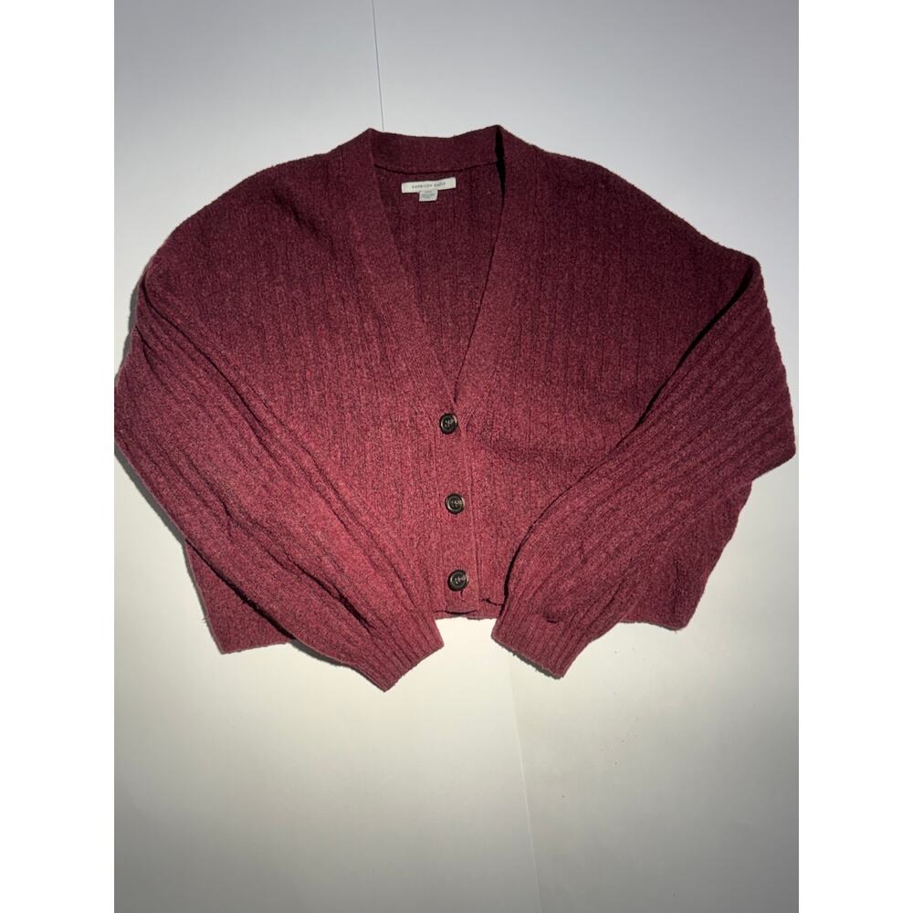 American Eagle Maroon Ribbed Knit Button Front Cropped Sweater Cardigan